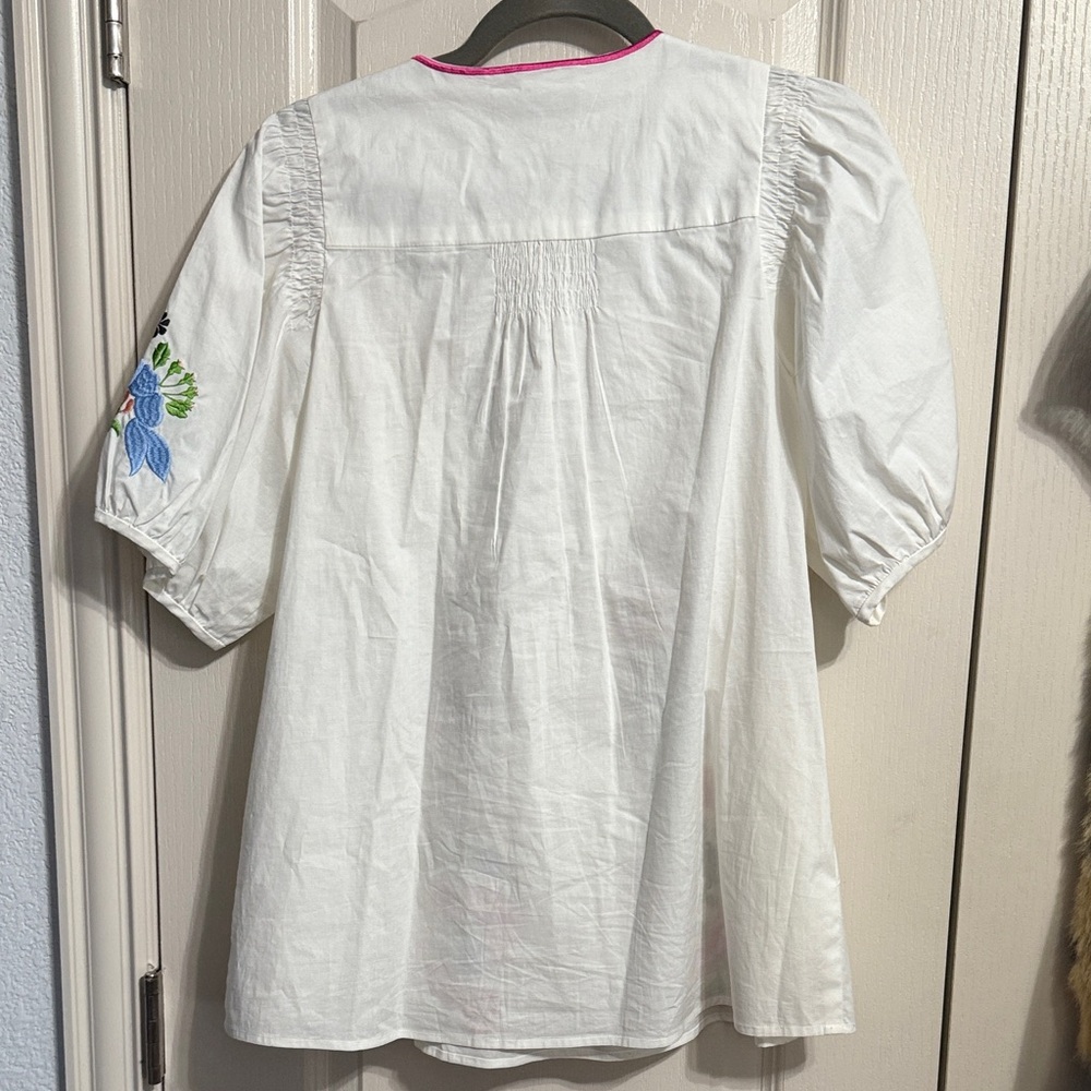 Nanette Lepore Floral Embroidered Poplin Puff Sleeve Peasant Top Boho Summer - Picture 3 of 5